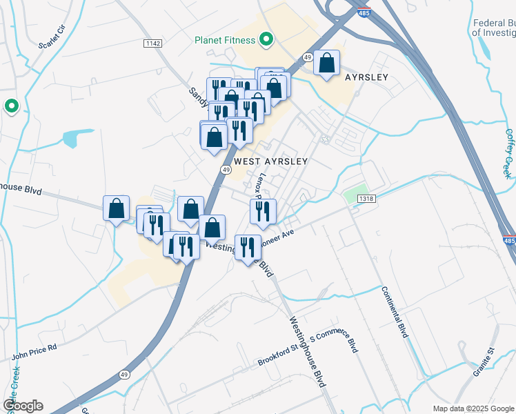 map of restaurants, bars, coffee shops, grocery stores, and more near 8202 Everton Drive in Charlotte