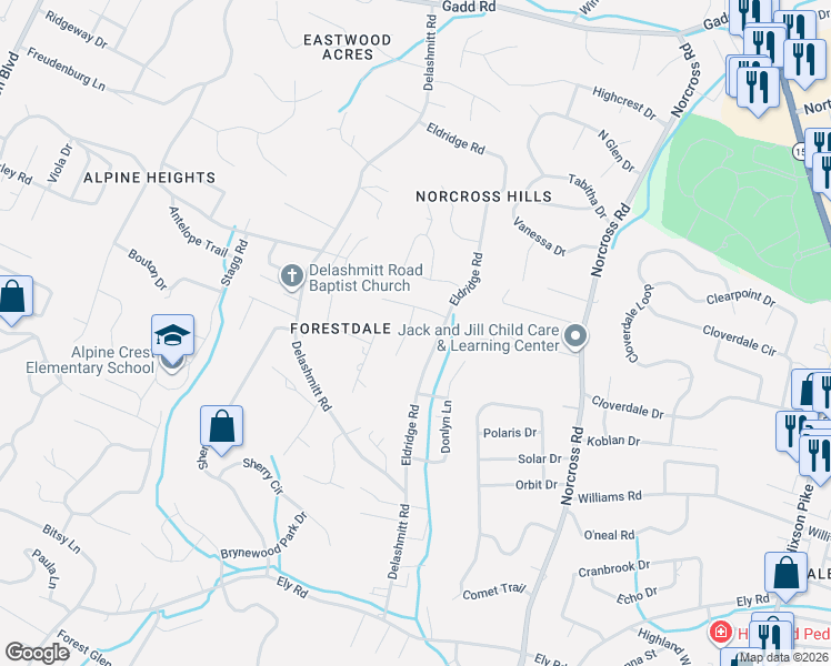 map of restaurants, bars, coffee shops, grocery stores, and more near 4795 Forest Wood Lane in Chattanooga