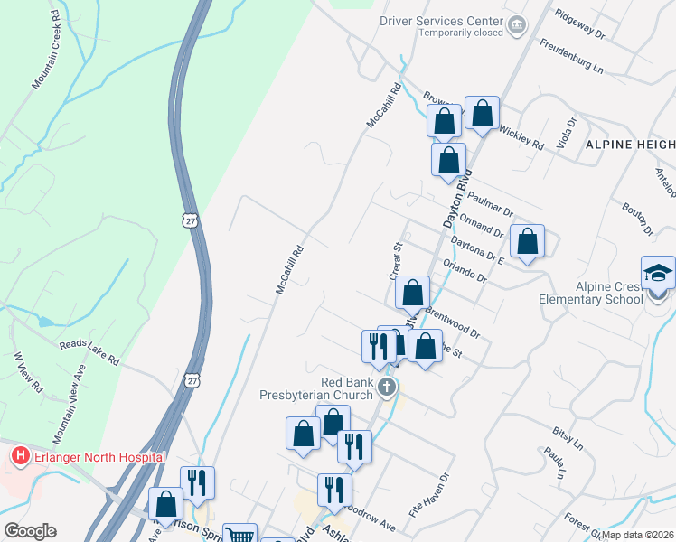 map of restaurants, bars, coffee shops, grocery stores, and more near 4501 Summit Avenue in Chattanooga