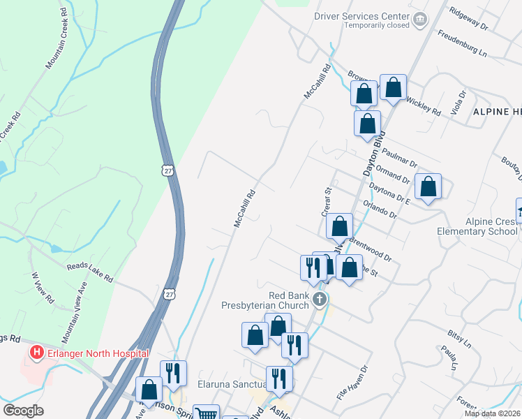 map of restaurants, bars, coffee shops, grocery stores, and more near 4508 McCahill Road in Chattanooga