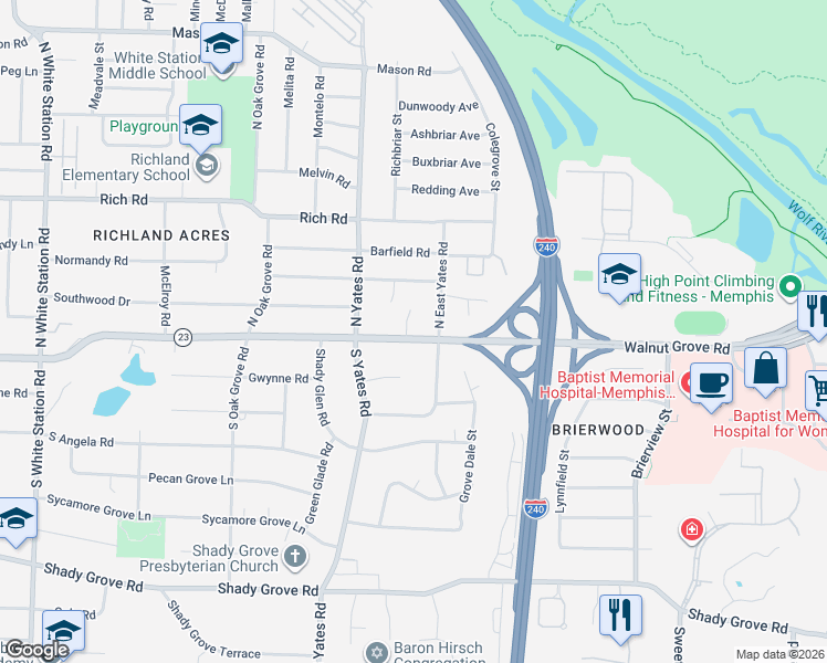 map of restaurants, bars, coffee shops, grocery stores, and more near 5690 Walnut Grove Road in Memphis