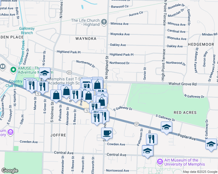 map of restaurants, bars, coffee shops, grocery stores, and more near 3509 Walnut Grove Road in Memphis