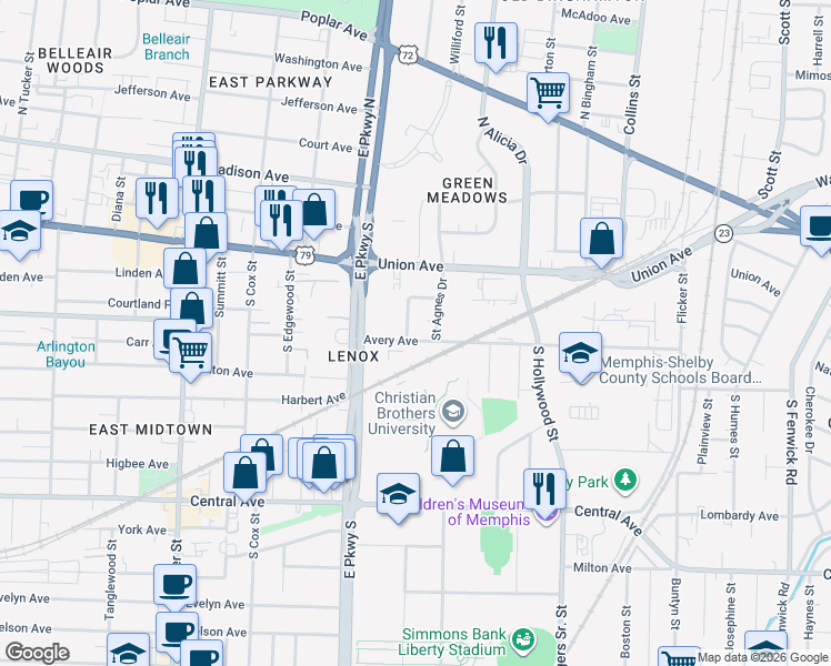 map of restaurants, bars, coffee shops, grocery stores, and more near 167 Roberta Drive in Memphis