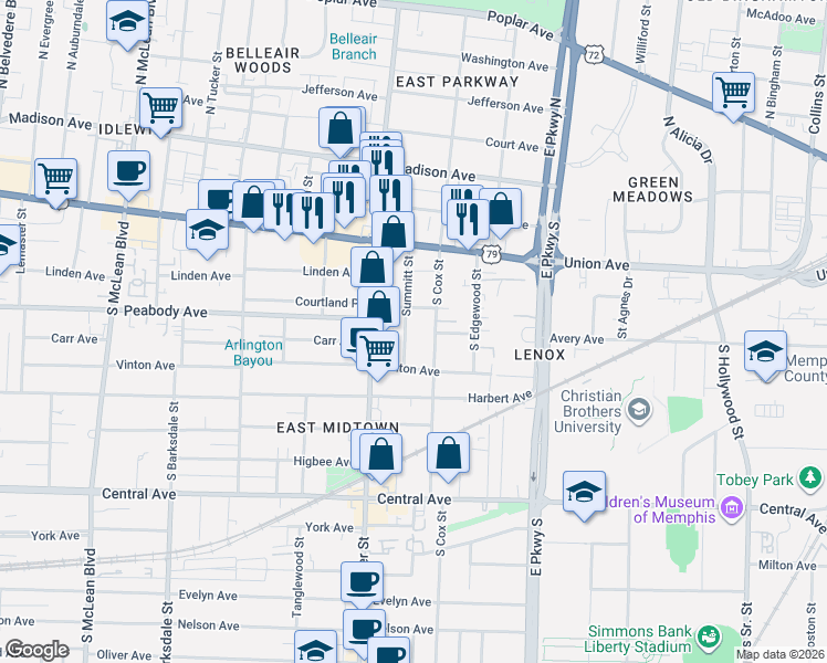 map of restaurants, bars, coffee shops, grocery stores, and more near 521 Summitt Street in Memphis