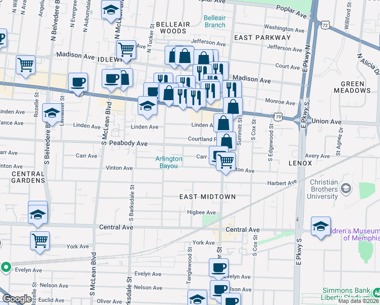 map of restaurants, bars, coffee shops, grocery stores, and more near 523 Diana Street in Memphis