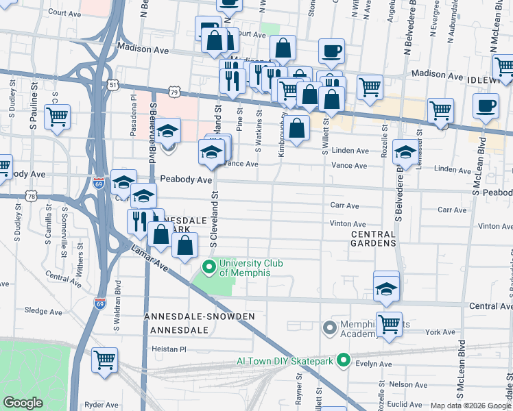 map of restaurants, bars, coffee shops, grocery stores, and more near 1399 Carr Avenue in Memphis