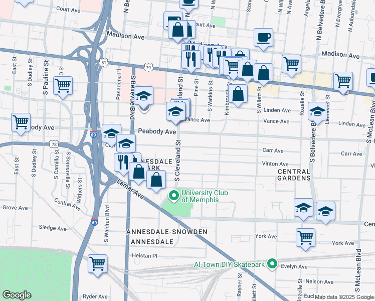 map of restaurants, bars, coffee shops, grocery stores, and more near 1357 Carr Avenue in Memphis