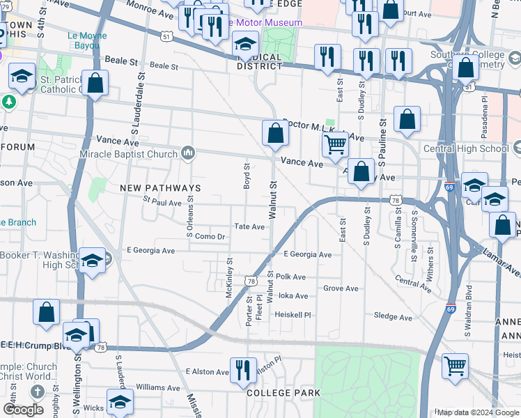 map of restaurants, bars, coffee shops, grocery stores, and more near 772 Saint Paul Avenue in Memphis