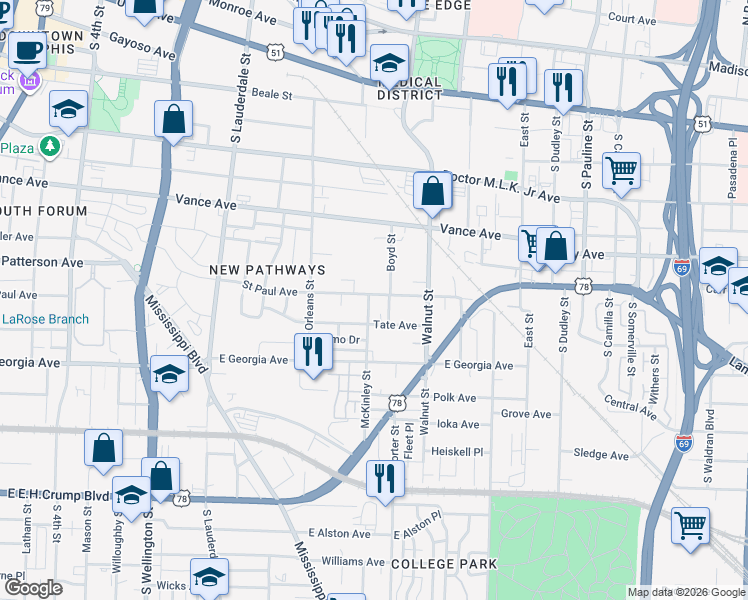 map of restaurants, bars, coffee shops, grocery stores, and more near 722 Saint Paul Avenue in Memphis
