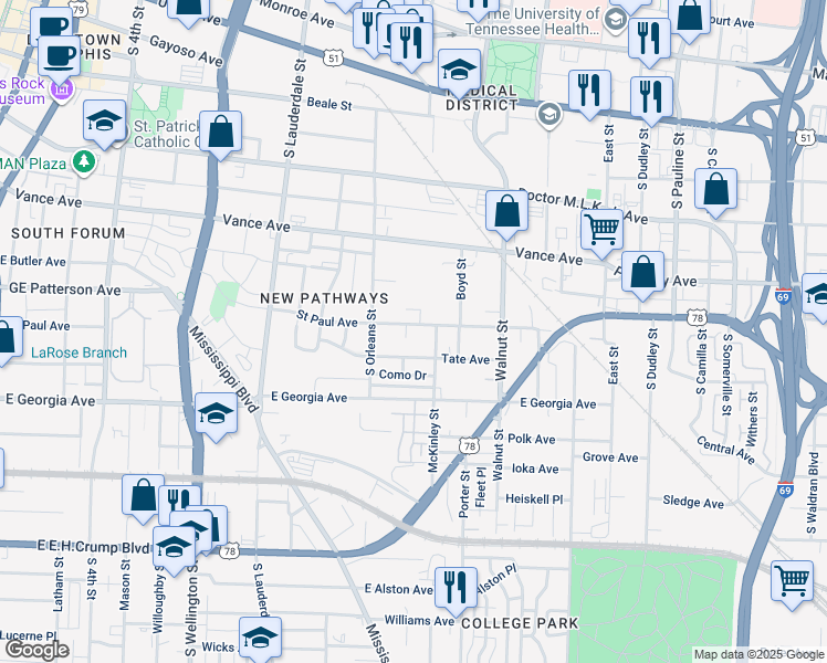map of restaurants, bars, coffee shops, grocery stores, and more near 683 Saint Paul Avenue in Memphis