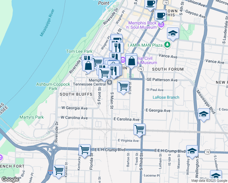 map of restaurants, bars, coffee shops, grocery stores, and more near 580 South Main Street in Memphis