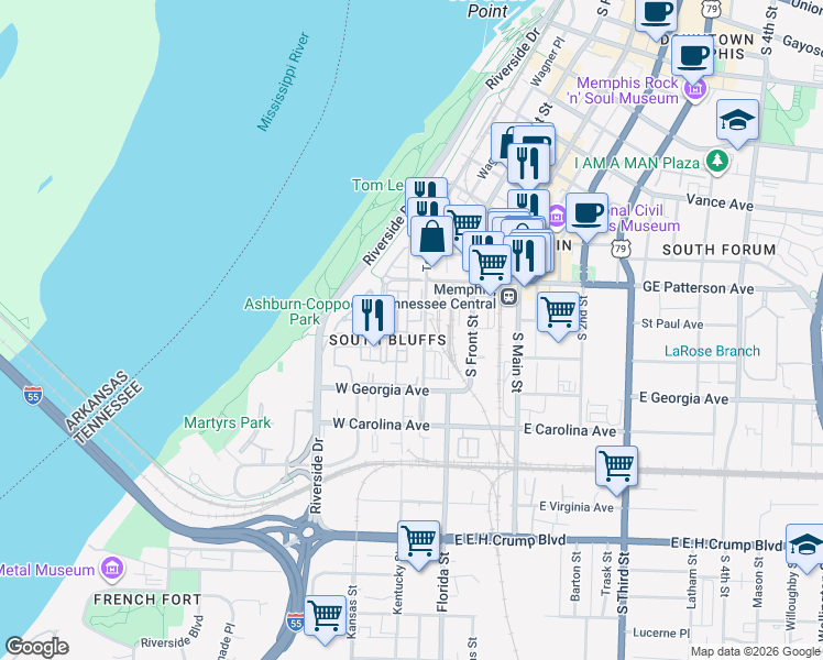 map of restaurants, bars, coffee shops, grocery stores, and more near 32 Nottoway Boulevard in Memphis