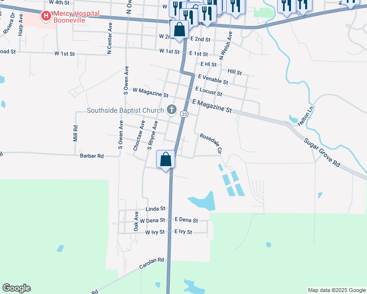 map of restaurants, bars, coffee shops, grocery stores, and more near 723 South Sharpe Avenue in Booneville