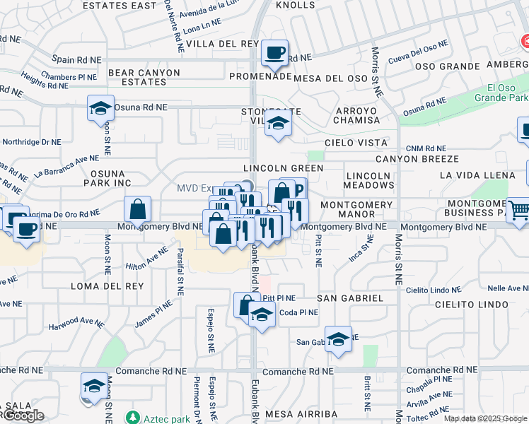 map of restaurants, bars, coffee shops, grocery stores, and more near 9701 Montgomery Boulevard Northeast in Albuquerque