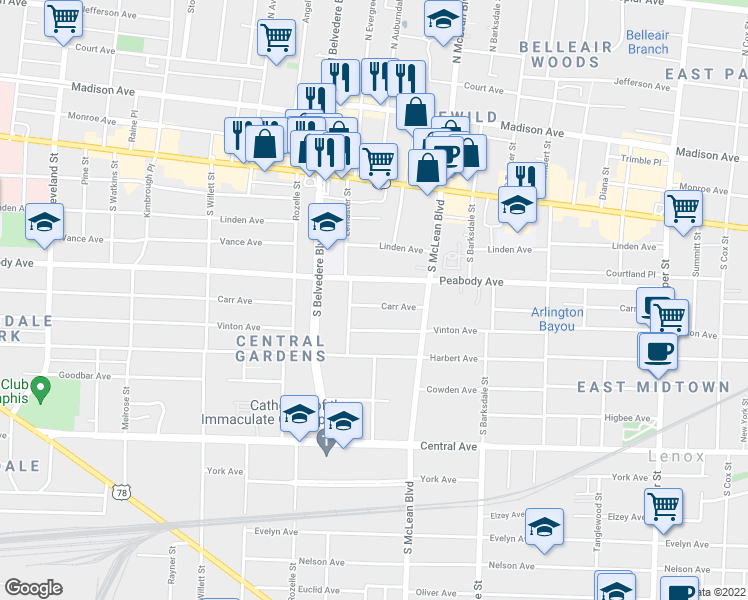 map of restaurants, bars, coffee shops, grocery stores, and more near 1766 Carr Avenue in Memphis