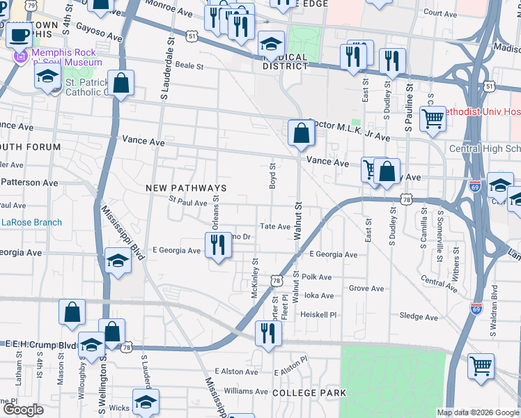 map of restaurants, bars, coffee shops, grocery stores, and more near 722 Saint Paul Avenue in Memphis
