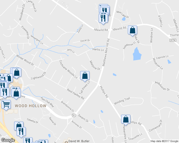 map of restaurants, bars, coffee shops, grocery stores, and more near 13007 Phillips Road in Matthews