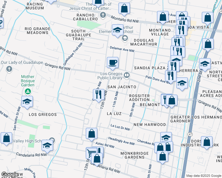 map of restaurants, bars, coffee shops, grocery stores, and more near 1125 Bellrose Avenue Northwest in Albuquerque