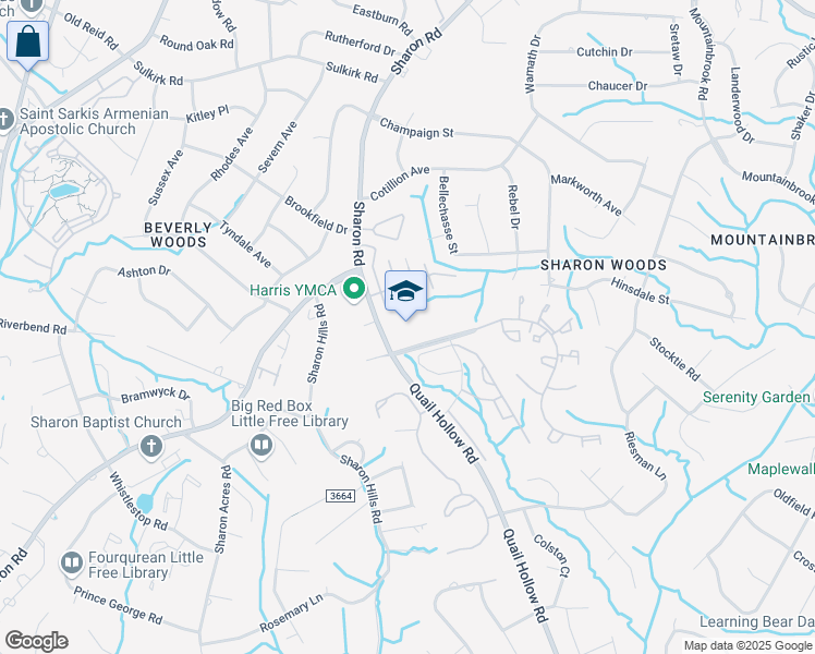 map of restaurants, bars, coffee shops, grocery stores, and more near 6001 Quail Hollow Road in Charlotte