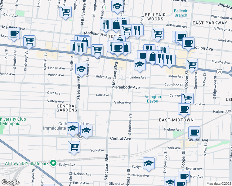 map of restaurants, bars, coffee shops, grocery stores, and more near 532 South McLean Boulevard in Memphis