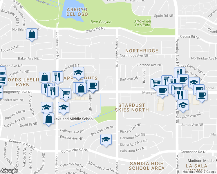map of restaurants, bars, coffee shops, grocery stores, and more near 7505 Penn Lane in Albuquerque