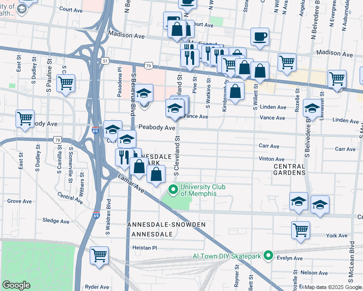 map of restaurants, bars, coffee shops, grocery stores, and more near 1357 Carr Ave in Memphis