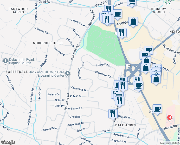map of restaurants, bars, coffee shops, grocery stores, and more near 1332 Cloverdale Circle in Chattanooga