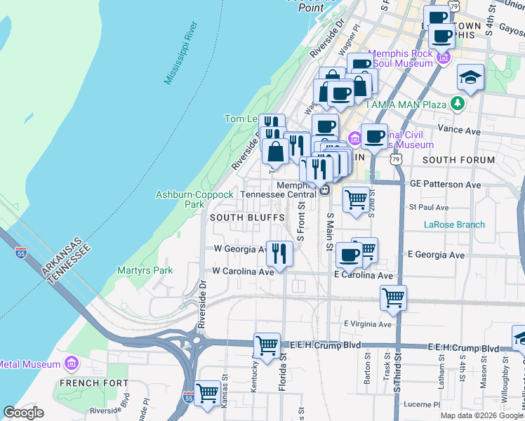 map of restaurants, bars, coffee shops, grocery stores, and more near 32 Nottoway Boulevard in Memphis