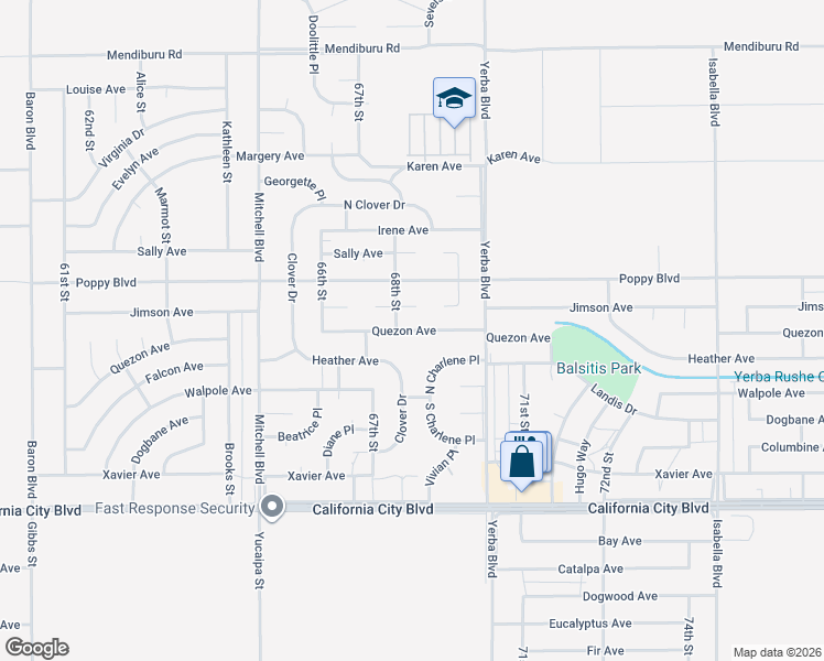map of restaurants, bars, coffee shops, grocery stores, and more near 6837 Quezon Avenue in California City