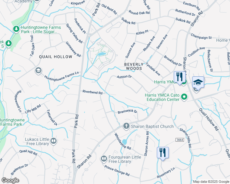 map of restaurants, bars, coffee shops, grocery stores, and more near 3949 Riverbend Road in Charlotte