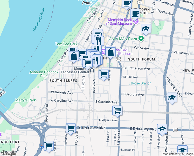 map of restaurants, bars, coffee shops, grocery stores, and more near 580 South Main Street in Memphis