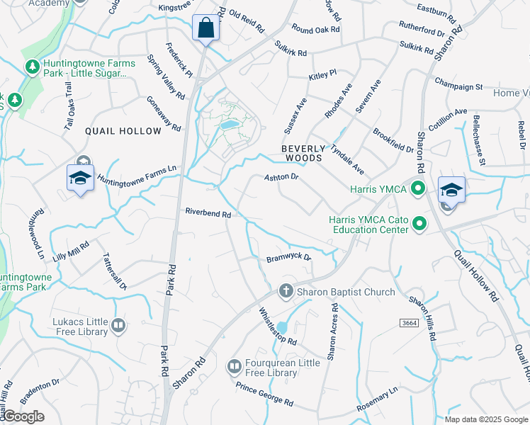map of restaurants, bars, coffee shops, grocery stores, and more near 3949 Riverbend Road in Charlotte