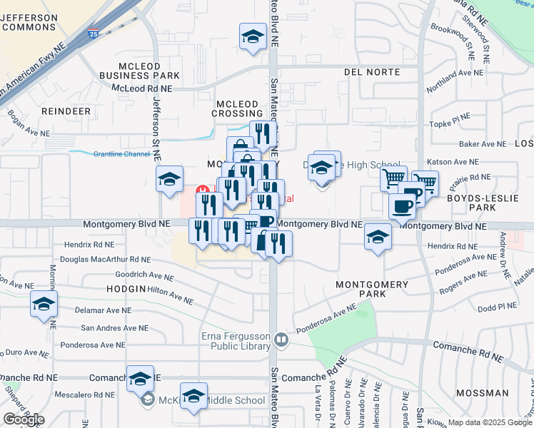 map of restaurants, bars, coffee shops, grocery stores, and more near 4407 San Mateo Boulevard Northeast in Albuquerque