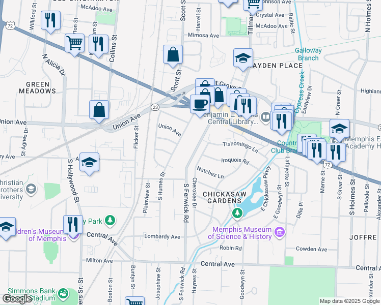 map of restaurants, bars, coffee shops, grocery stores, and more near 27 South Fenwick Road in Memphis