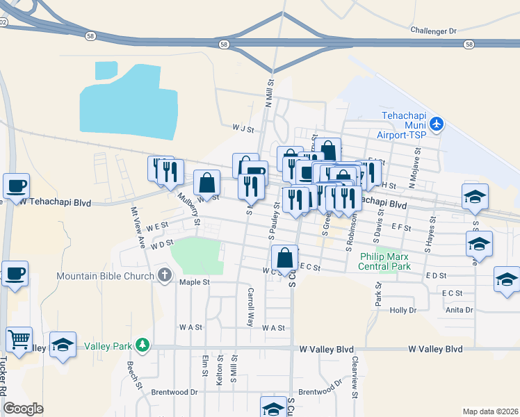 map of restaurants, bars, coffee shops, grocery stores, and more near 316 West F Street in Tehachapi
