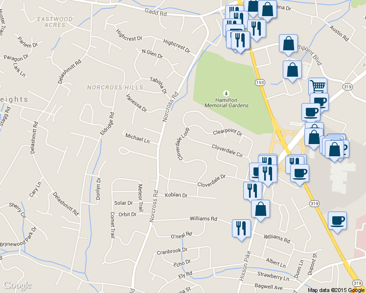map of restaurants, bars, coffee shops, grocery stores, and more near 4528 Cloverdale Loop in Hixson