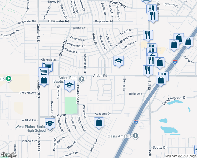 map of restaurants, bars, coffee shops, grocery stores, and more near 6405-6627 Arden Road in Amarillo