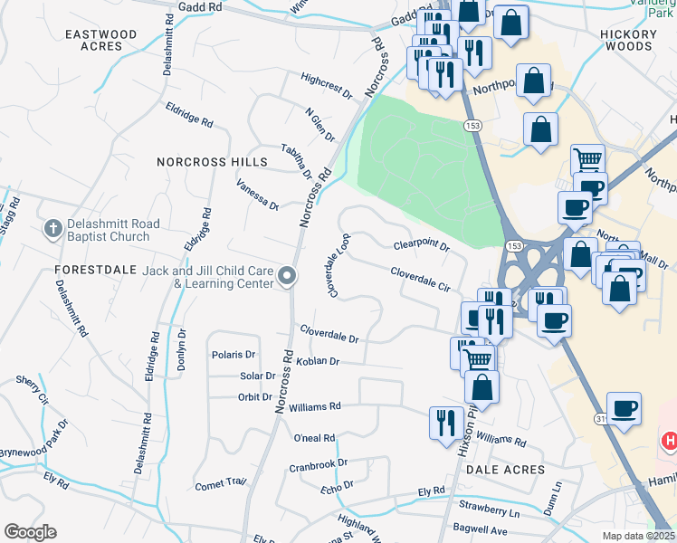 map of restaurants, bars, coffee shops, grocery stores, and more near 4528 Cloverdale Loop in Hixson