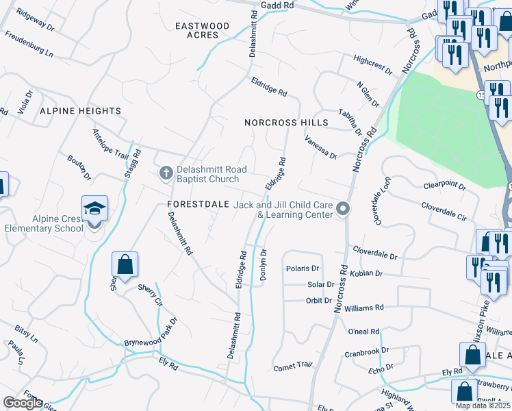 map of restaurants, bars, coffee shops, grocery stores, and more near 4715 Eldridge Road in Chattanooga