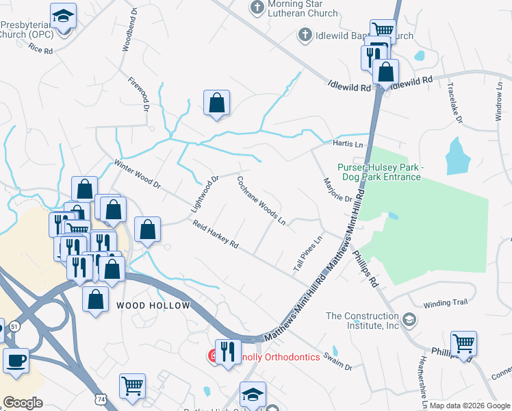 map of restaurants, bars, coffee shops, grocery stores, and more near 1310 Cochrane Woods Lane in Matthews