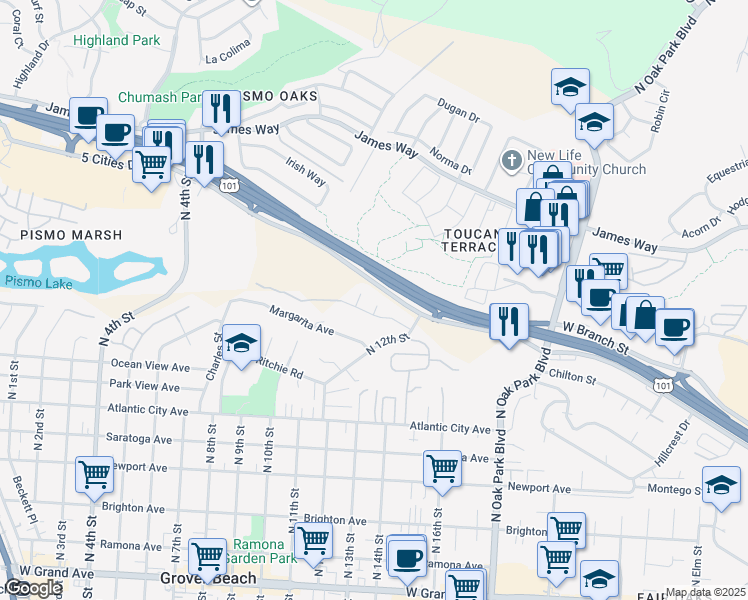 map of restaurants, bars, coffee shops, grocery stores, and more near 10 Mono Court in Grover Beach