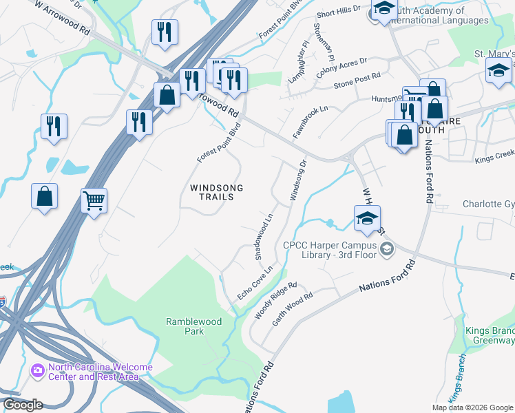 map of restaurants, bars, coffee shops, grocery stores, and more near 624 Sunlit Lane in Charlotte
