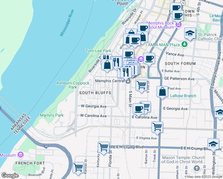 map of restaurants, bars, coffee shops, grocery stores, and more near 7 West GE Patterson Avenue in Memphis