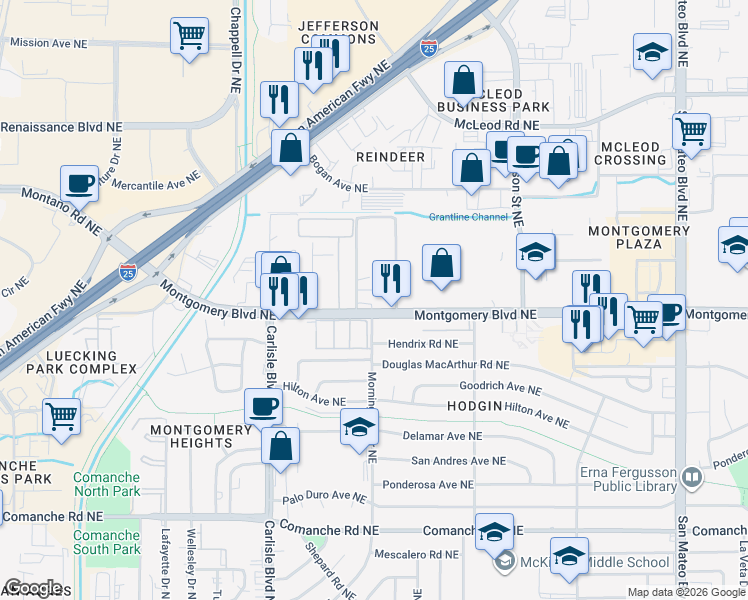 map of restaurants, bars, coffee shops, grocery stores, and more near 4055 Montgomery Boulevard Northeast in Albuquerque