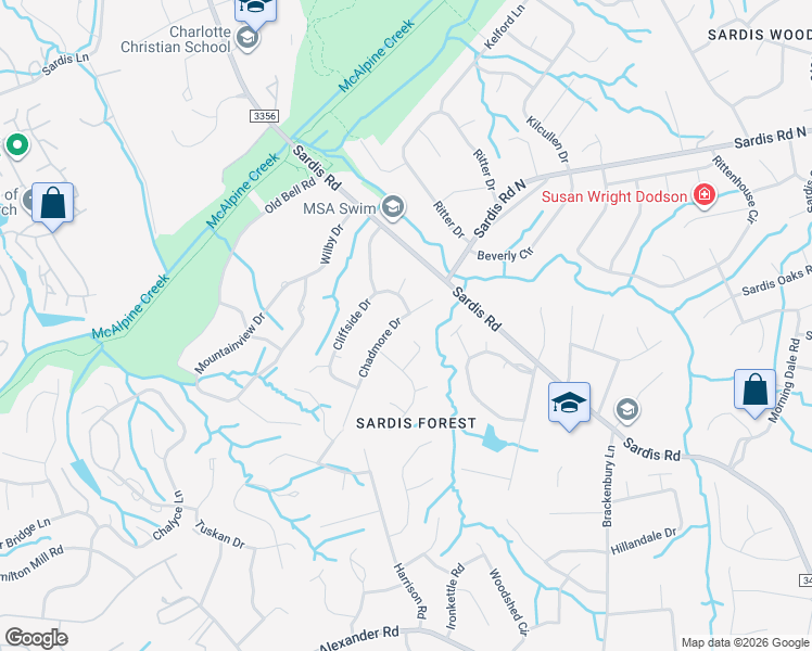 map of restaurants, bars, coffee shops, grocery stores, and more near 135 Chadmore Drive in Charlotte