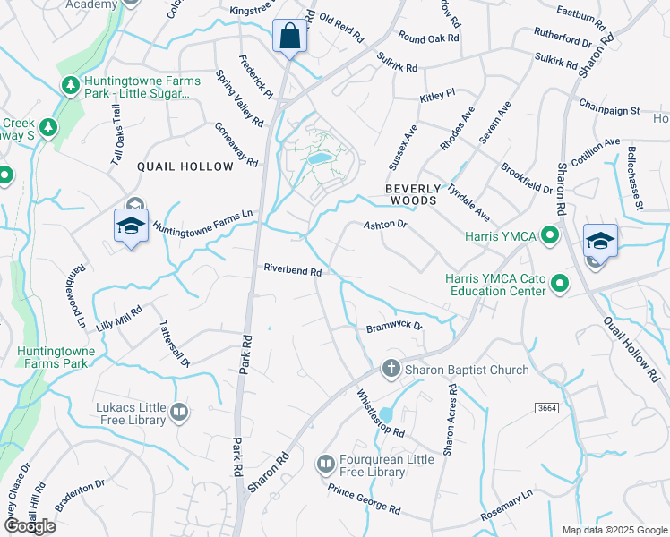 map of restaurants, bars, coffee shops, grocery stores, and more near 3600 Ashton Drive in Charlotte