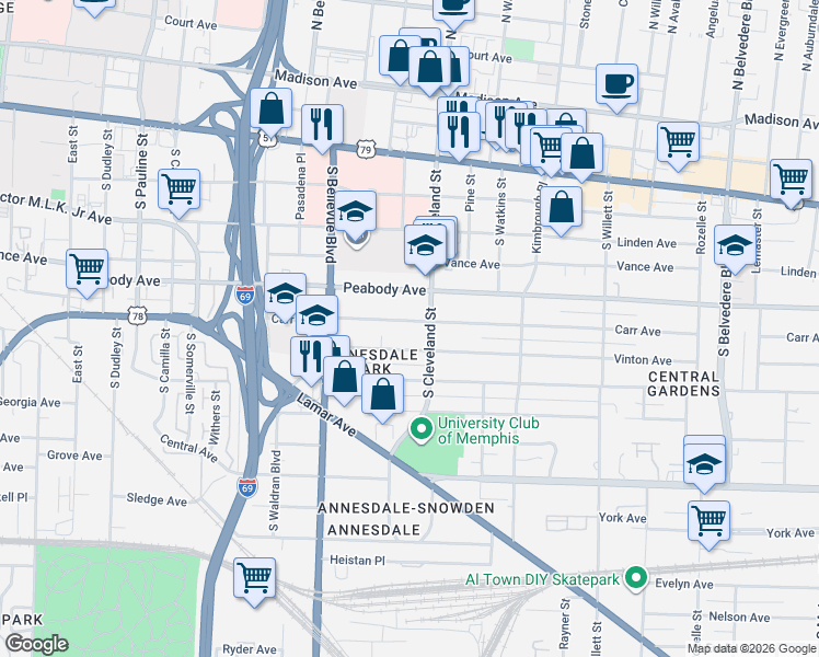 map of restaurants, bars, coffee shops, grocery stores, and more near 1317 Carr Avenue in Memphis