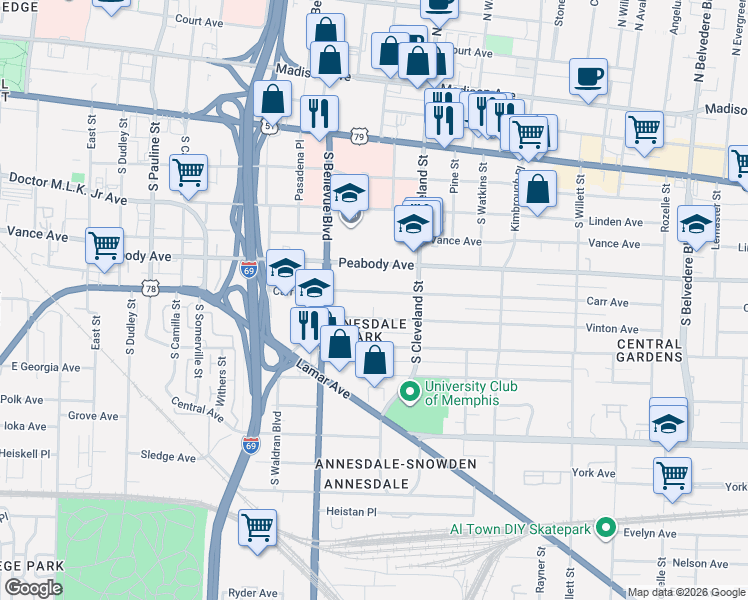 map of restaurants, bars, coffee shops, grocery stores, and more near 1265 Carr Avenue in Memphis