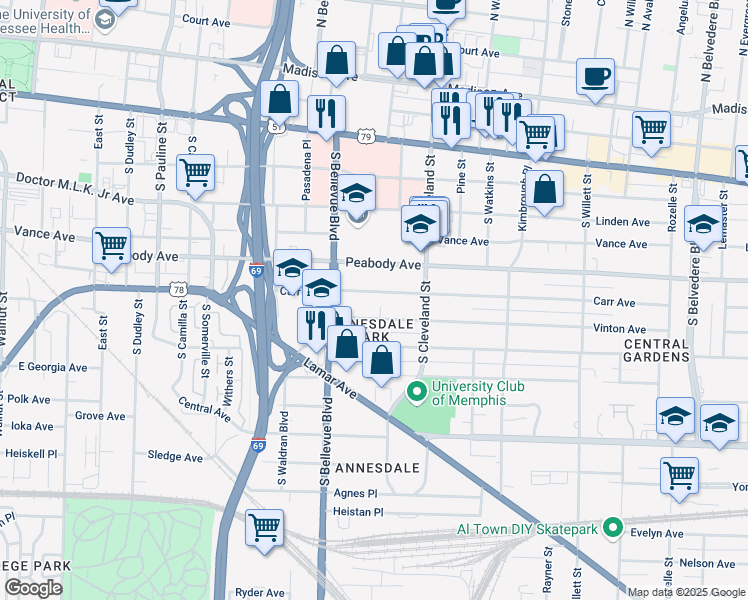 map of restaurants, bars, coffee shops, grocery stores, and more near 1265 Carr Avenue in Memphis