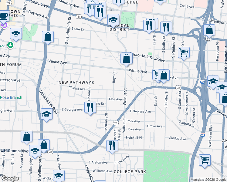 map of restaurants, bars, coffee shops, grocery stores, and more near 772 Saint Paul Avenue in Memphis